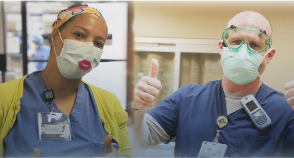 2张戴着口罩的MedS卡塔尔世界杯比赛名单tar卫生专业人员的照片并给予“大拇指”。